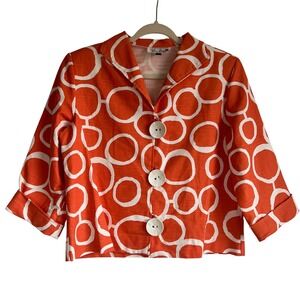Dina Porter Orange White Abstract Artsy Mod Cotton Cropped Blazer Jacket Size M